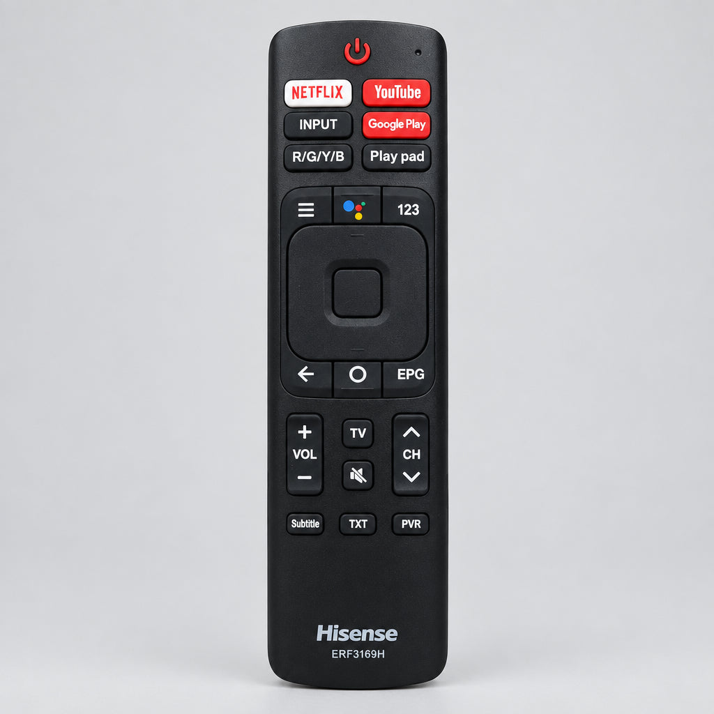 Black remote control held in a hand with a neutral background