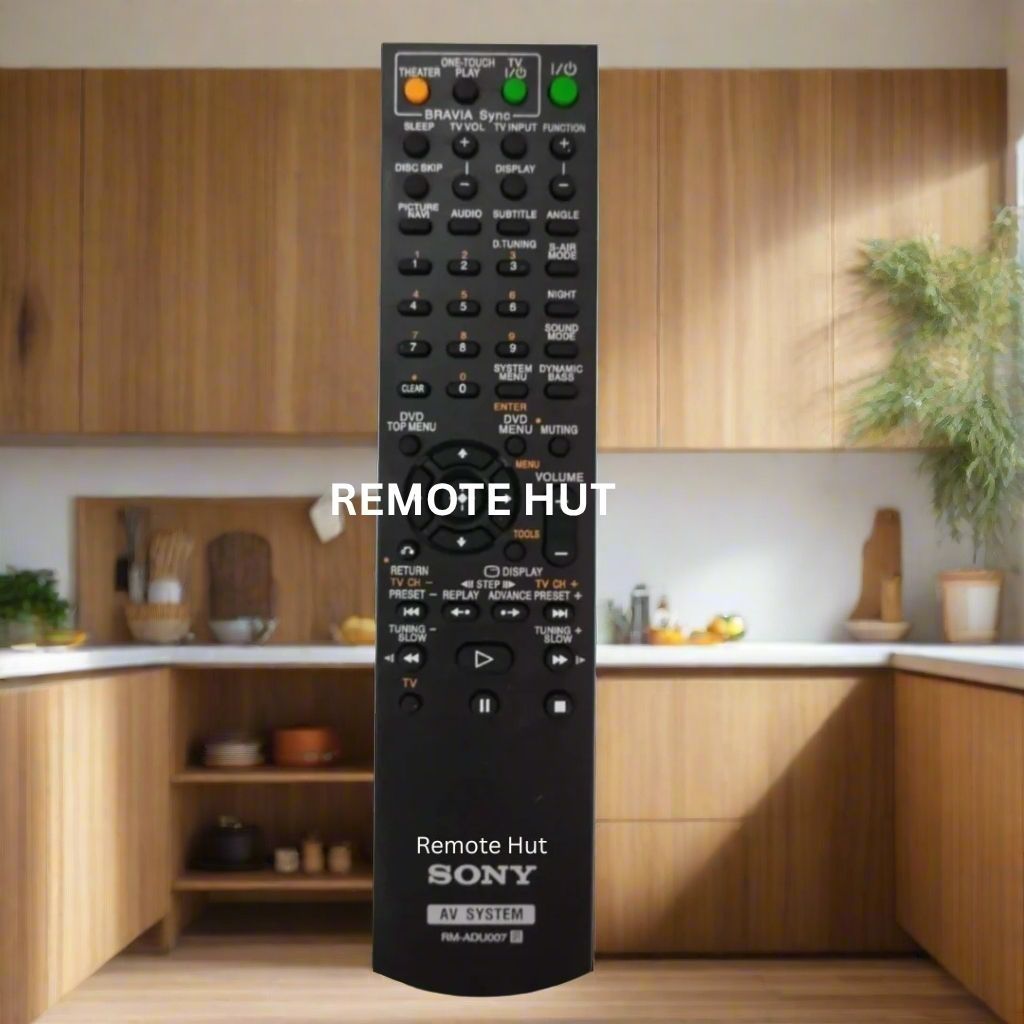 Black Sony remote control with 'Remote Hut' branding in a kitchen setting