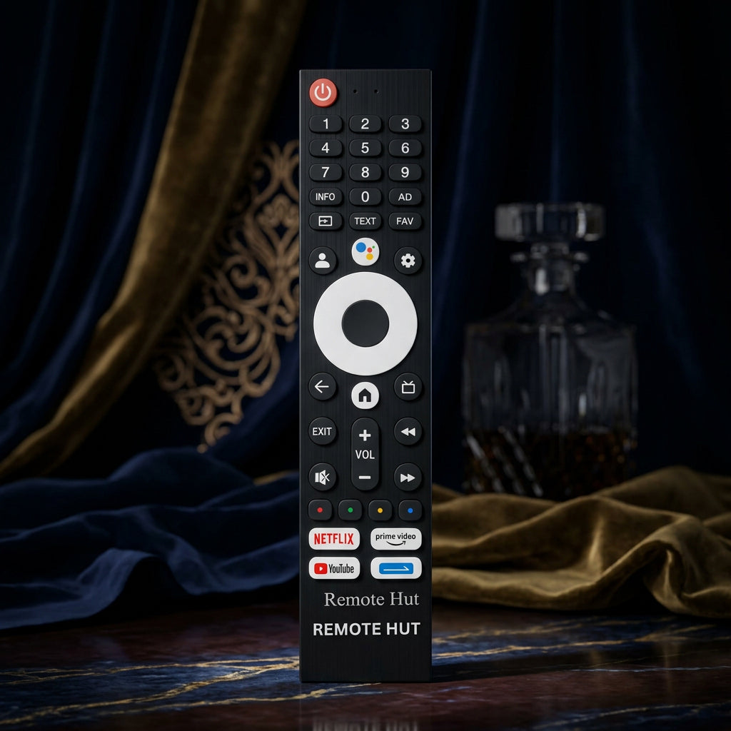 Black remote control with various buttons on a marble surface