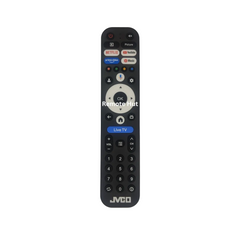 A Jvco remote control with various media and TV buttons, including Netflix, YouTube, and Amazon, shown against a plain gray background.
