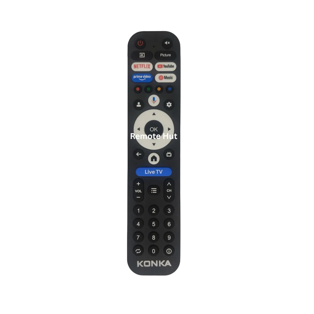 A black KONKA TV remote control with various button icons and logos, including Netflix, YouTube, and Amazon, shown on a plain gray background.