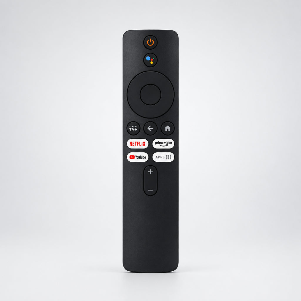 A black Google TV remote control with various buttons and logos including Netflix, Amazon Prime, and YouTube, shown against a plain white background.