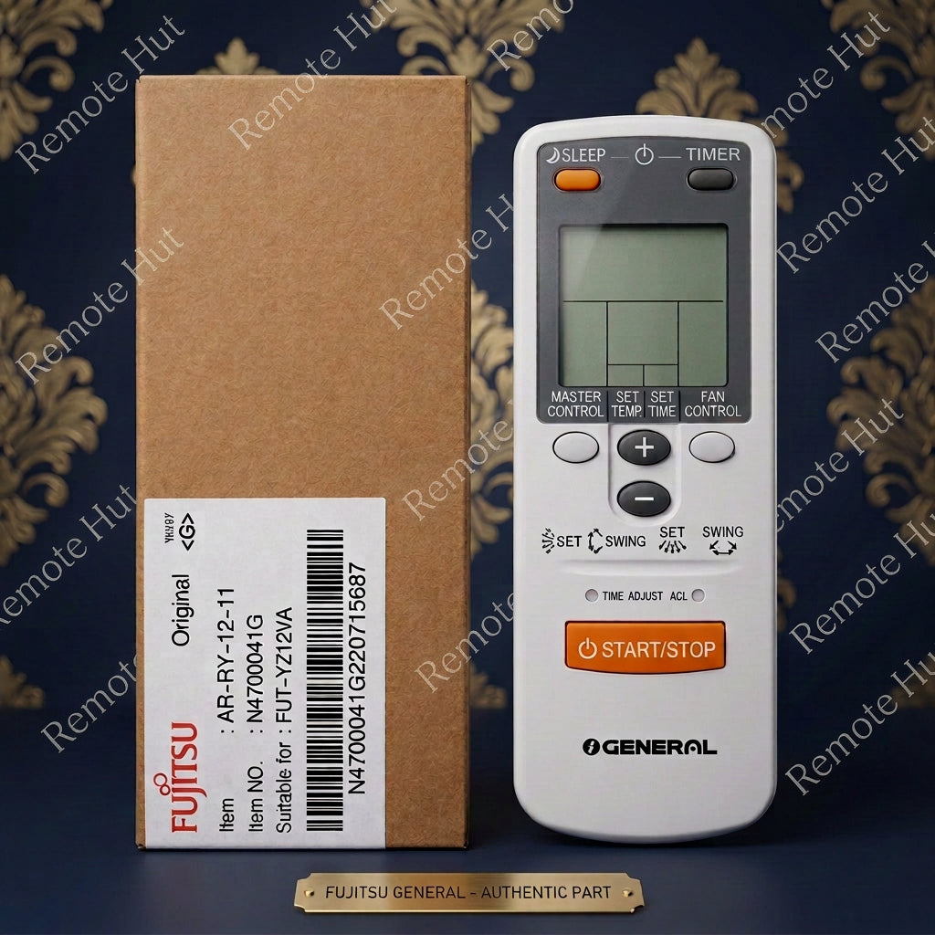Fujitsu General air conditioner remote control next to its original brown cardboard packaging box with a white label, displayed on a dark patterned background.