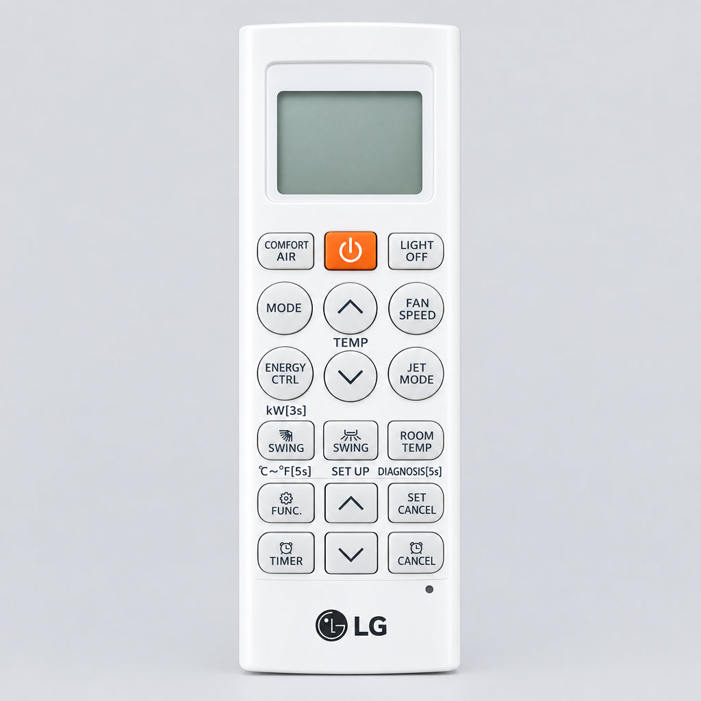 LG air conditioner remote control on a wooden surface with a blurred background