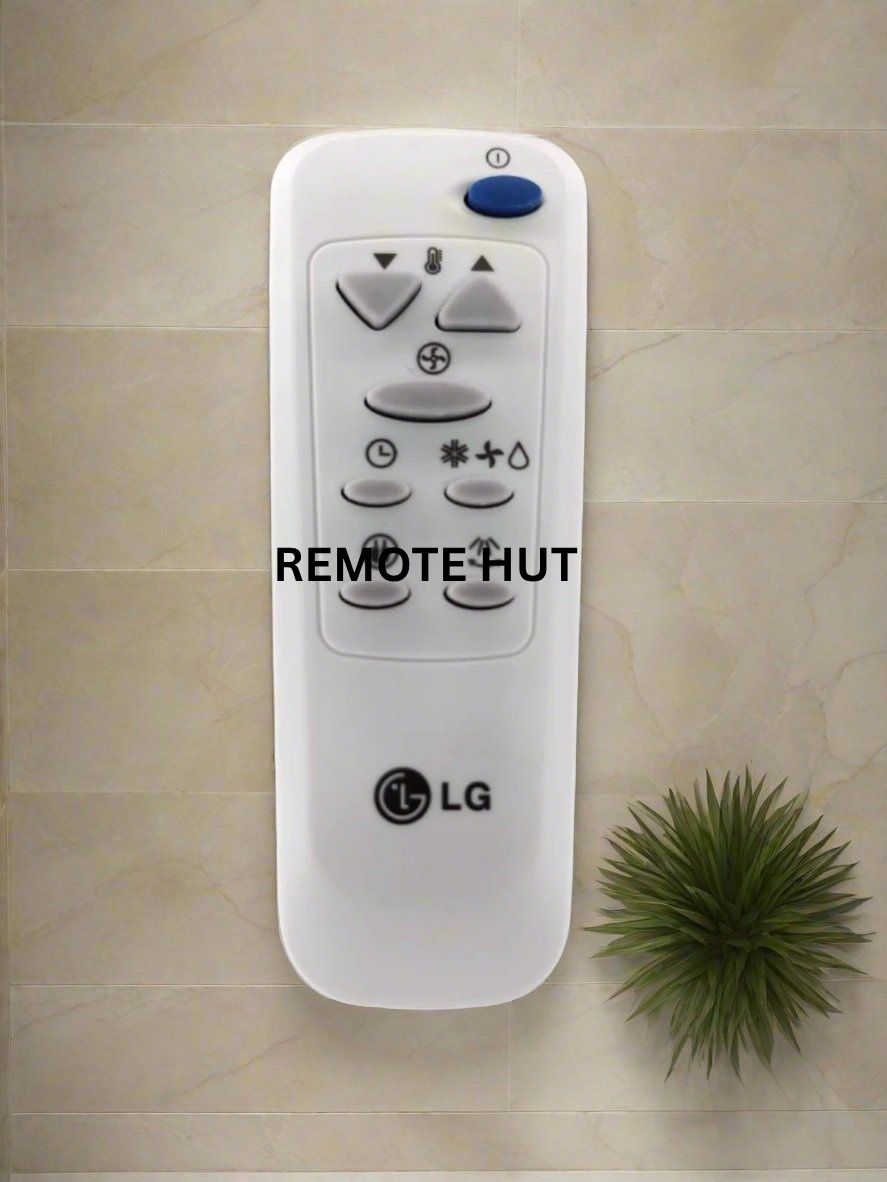 LG remote control on a beige tiled wall with 'REMOTE HUT' branding.