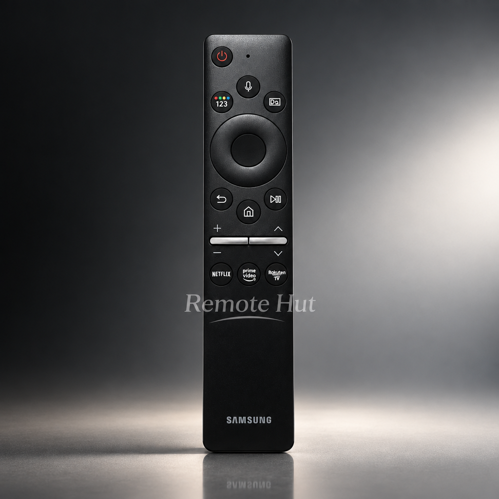 A black Samsung remote control standing upright on a reflective surface against a dark gray studio background. The remote features a circular navigation pad, multiple button icons, and the SAMSUNG logo near the bottom.