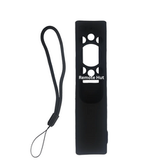 A black protective remote control case with a matching wrist strap, shown on a light gray background. The case features cutouts for the remote's buttons and a central logo area.