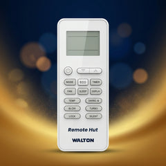 A Walton brand air conditioner remote control with a white finish displaying various control buttons including ECO, TIMER, and BLLOW.
